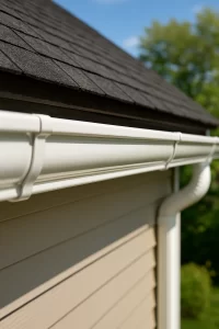 Gros plan d'une gouttière blanche en aluminium fixée à une maison de banlieue au printemps, avec le toit en bardeaux d’asphalte